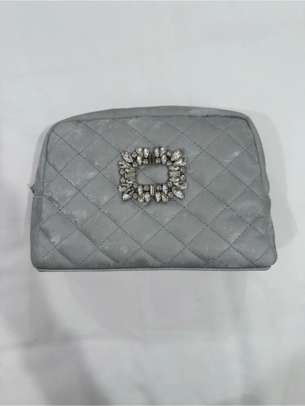 Elegant Quilted Gray Cosmetic Pouch with Crystal Accent